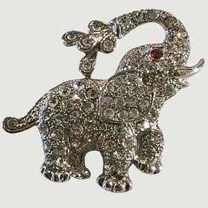 Rhinestone Elephant Brooch Silver Tone Clear Crystal Animal Pin Red Eye